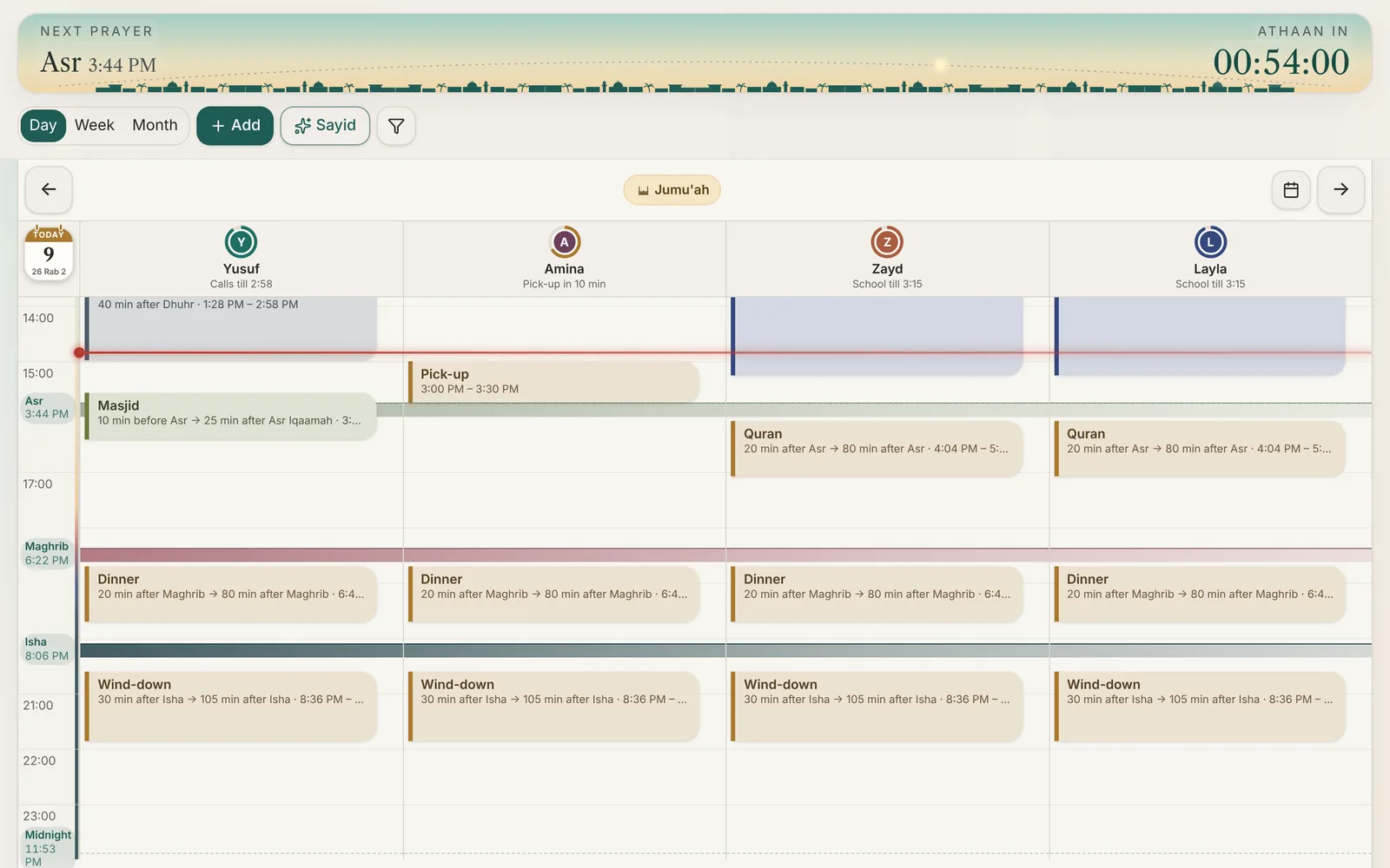 Bayty's Day view on a computer on a Friday: the Jumu'ah pill, each person's status and the Asr band across all four columns