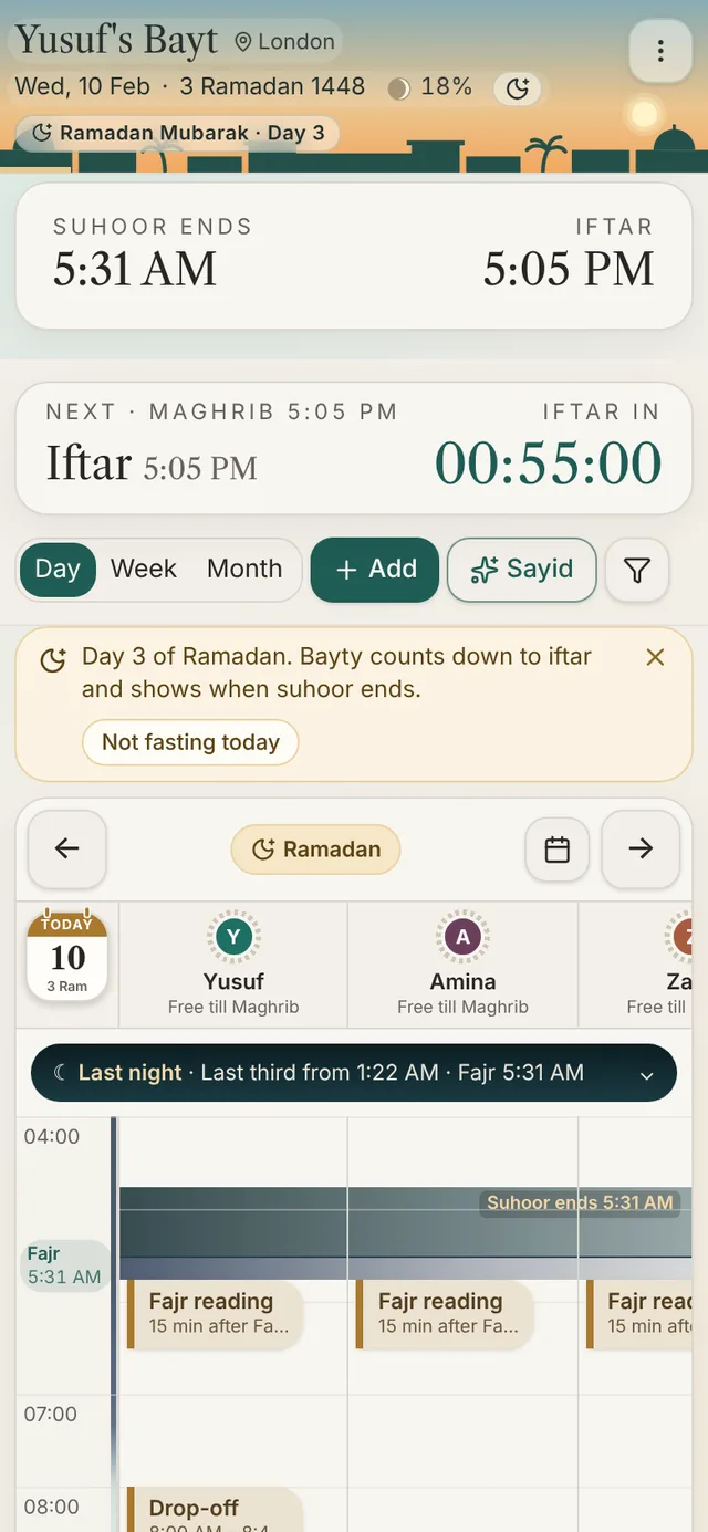Bayty in Ramadan: suhoor ends and iftar times, a countdown to iftar and a Ramadan Mubarak greeting