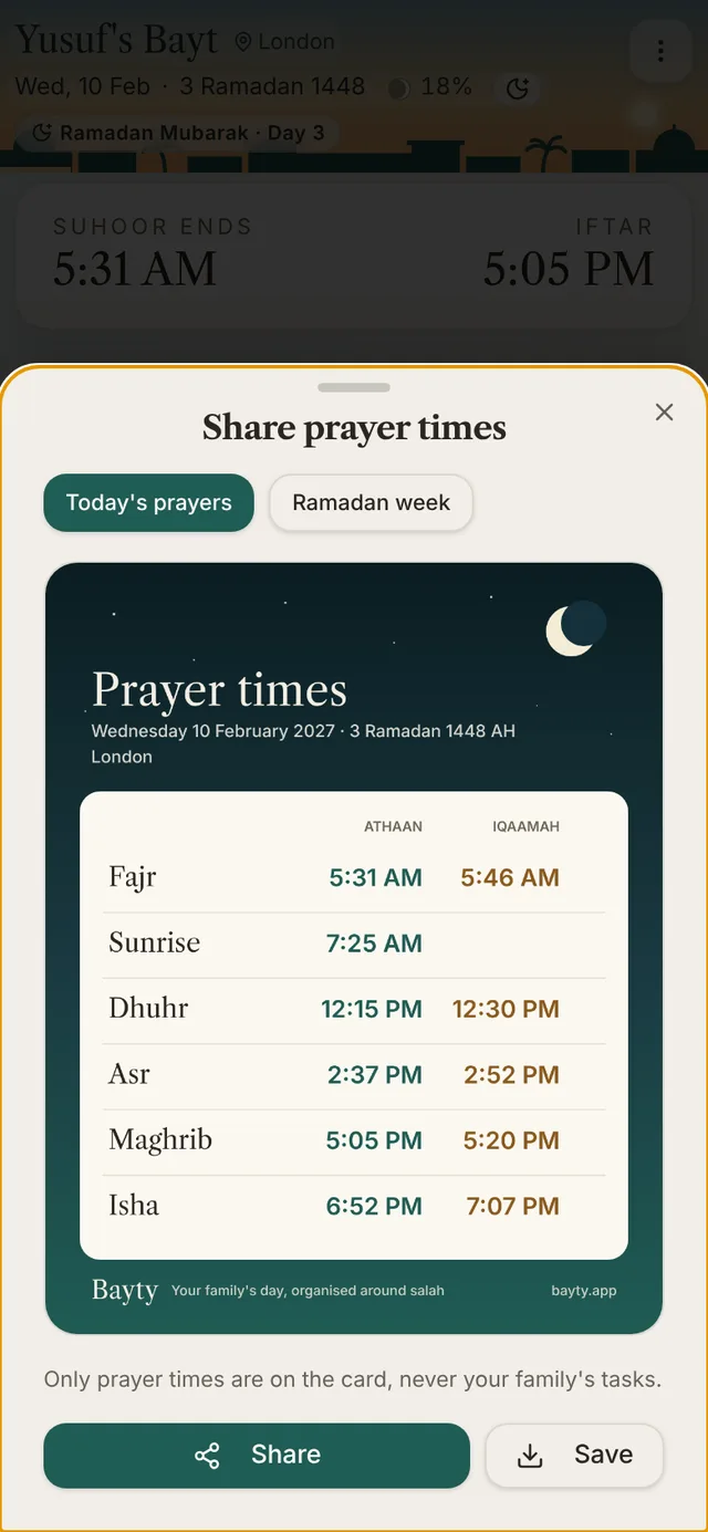 A shareable card of the day's Athaan and Iqaamah times